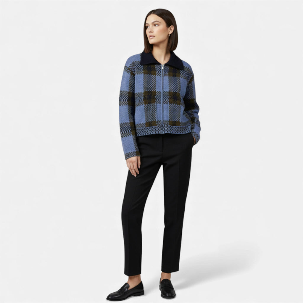 Women’s Plaid Knitted Zipper Jacket with Turn-Down Collar