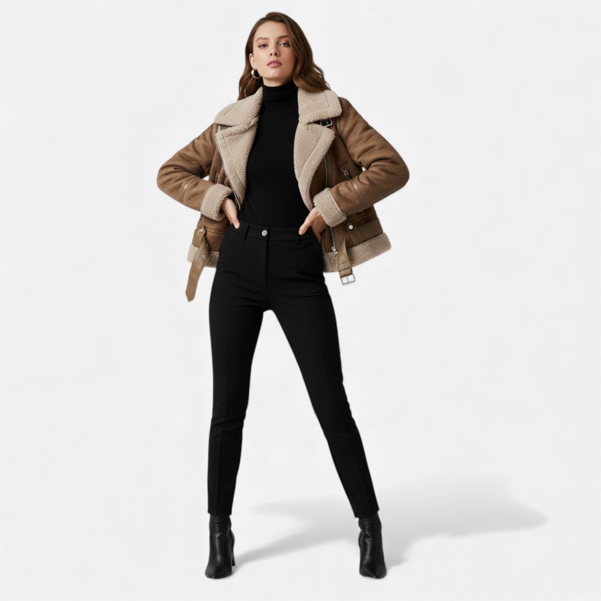 Sofia Maris | Women’s Suede & Lambswool Lapel Motorcycle Jacket