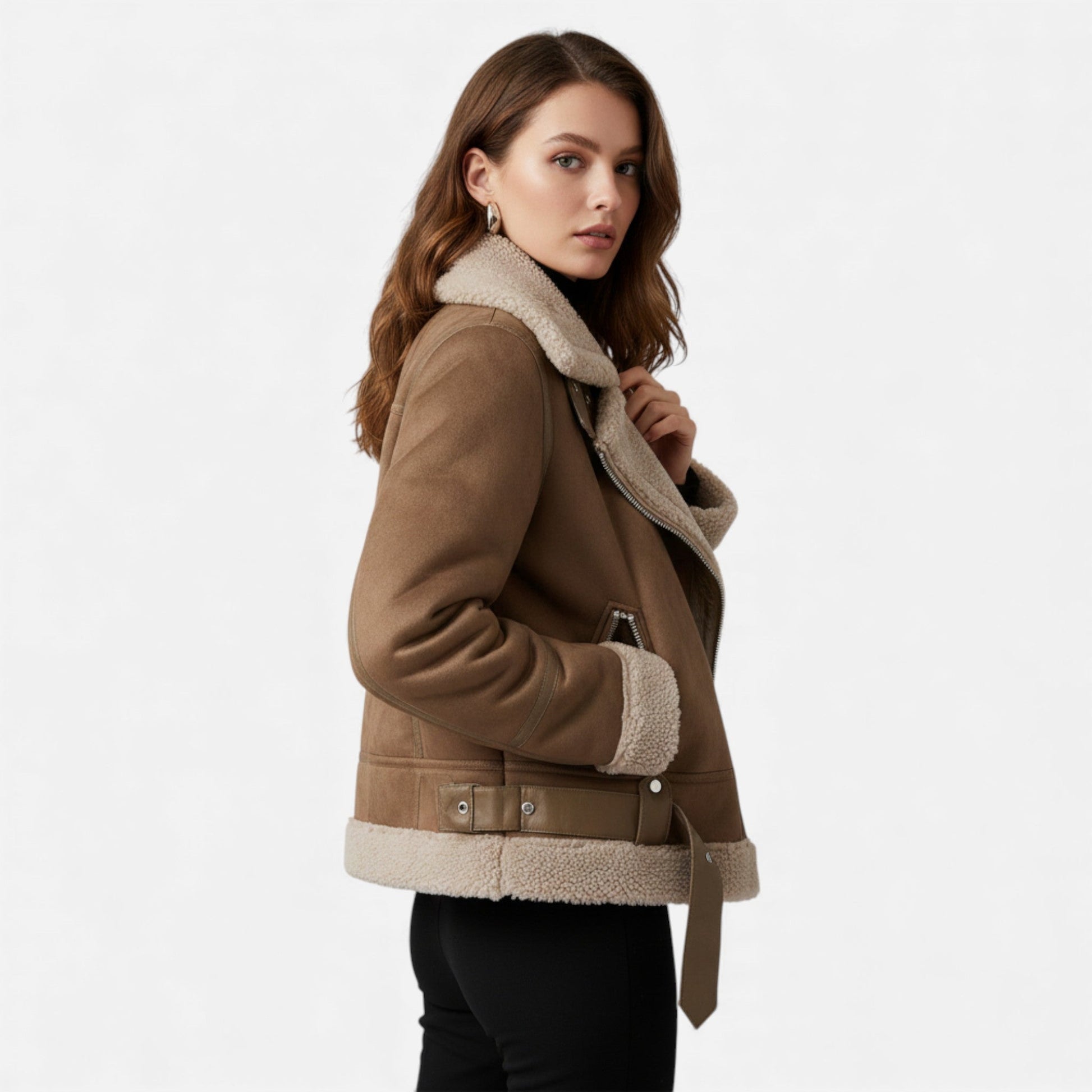 Sofia Maris | Women’s Suede & Lambswool Lapel Motorcycle Jacket