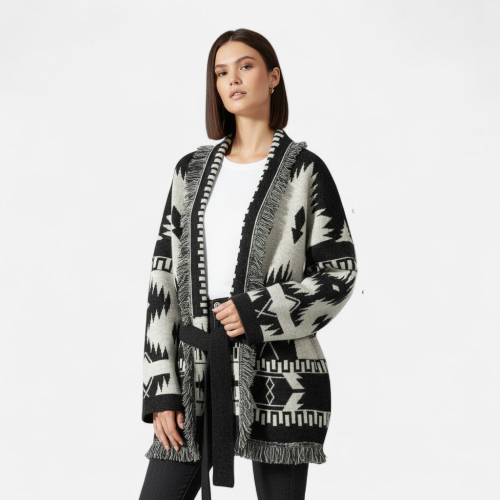 Women’s 100% Cashmere Tassel Cardigan – Vintage Jacquard Elegance - Sofia Maris