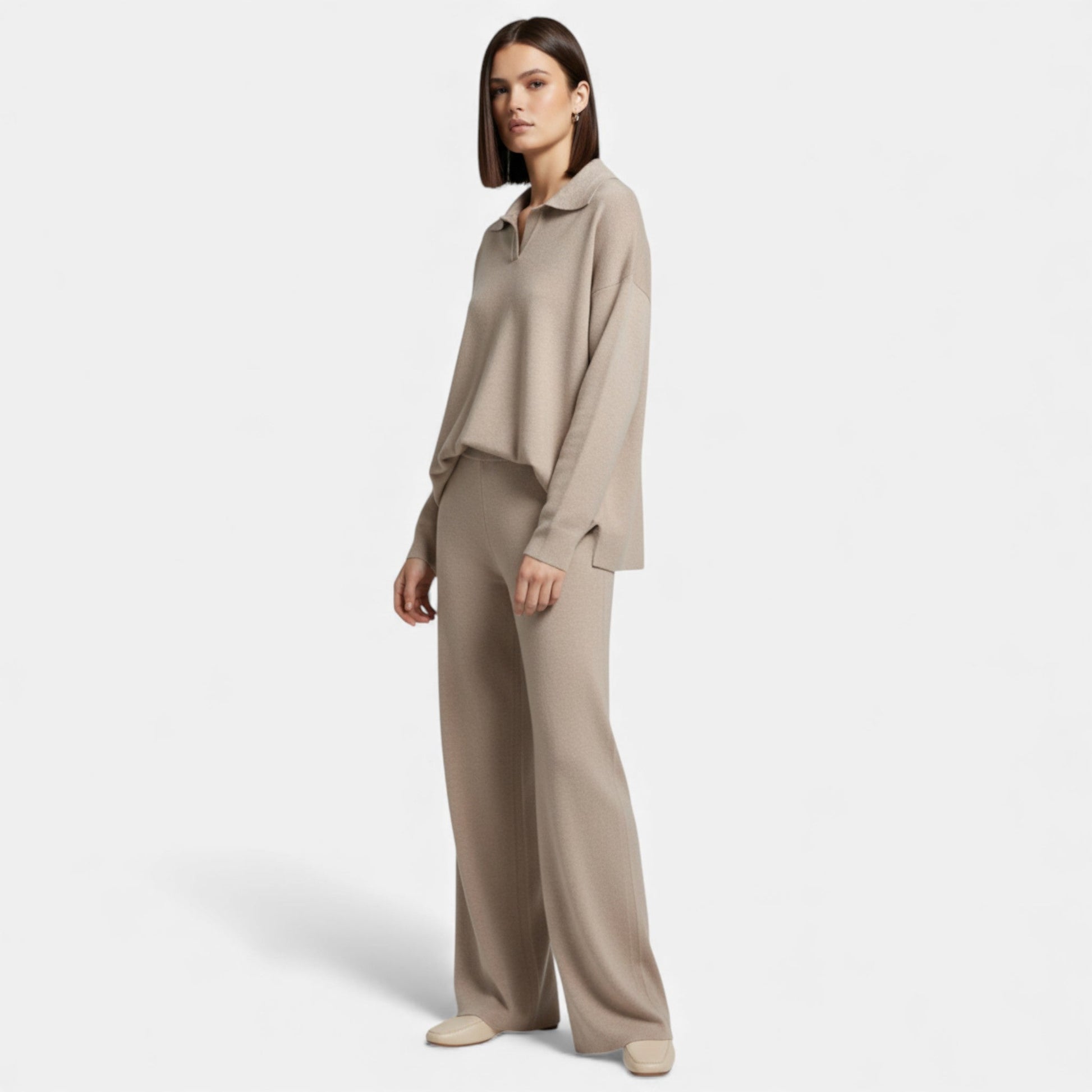 Women’s Cashmere-Feel Polo Lounge Set with Elegant Knit Detail - Sofia Maris