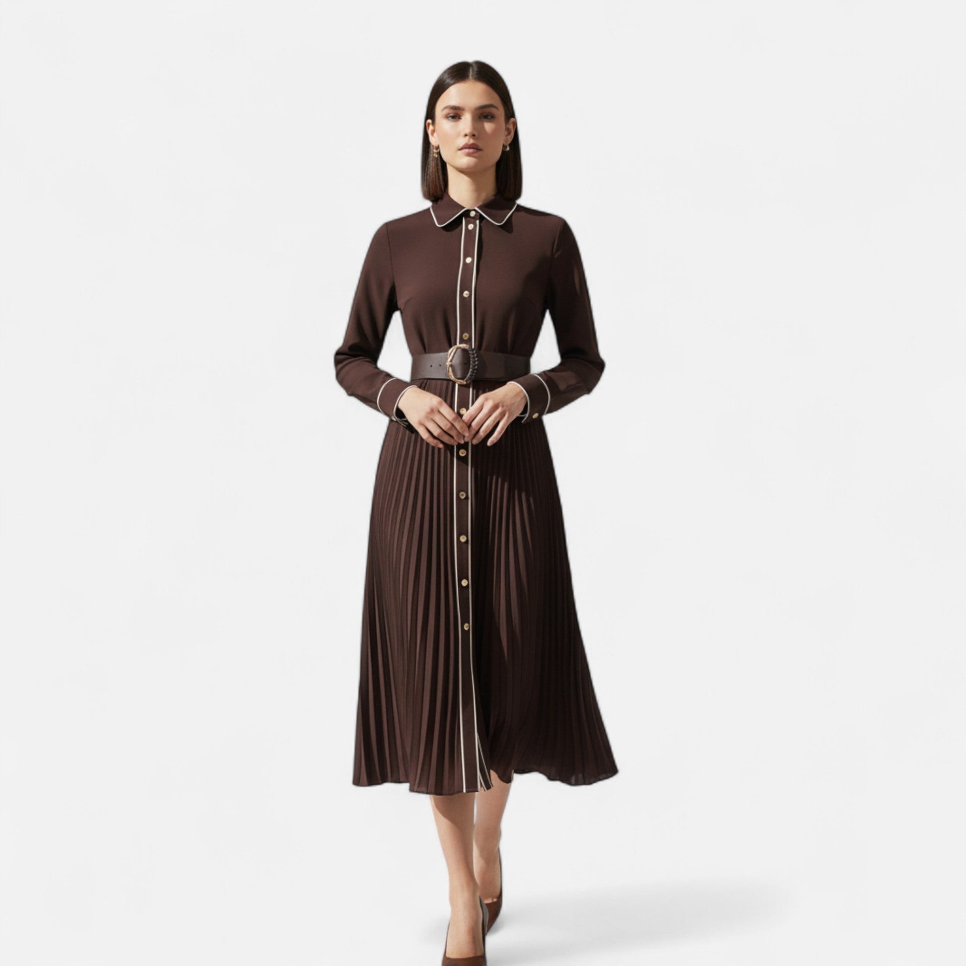 Women’s Chiffon Midi Dress – Turn-Down Collar Elegance - Sofia Maris