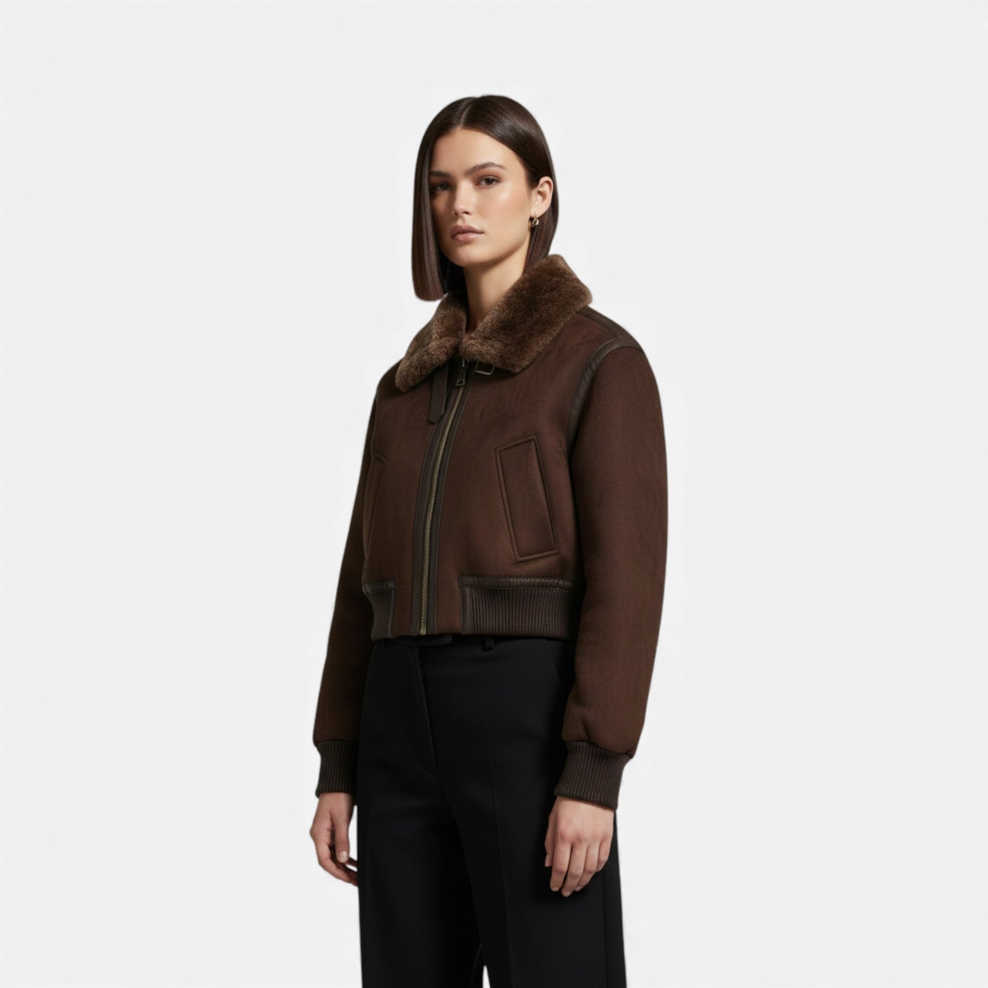 Women’s Brown Bomber Jacket, Luxe Faux Fur Trim
