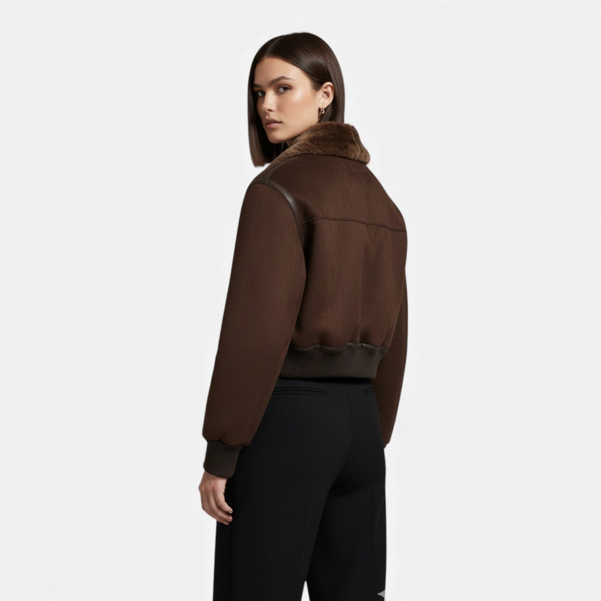 Women’s Brown Bomber Jacket, Luxe Faux Fur Trim