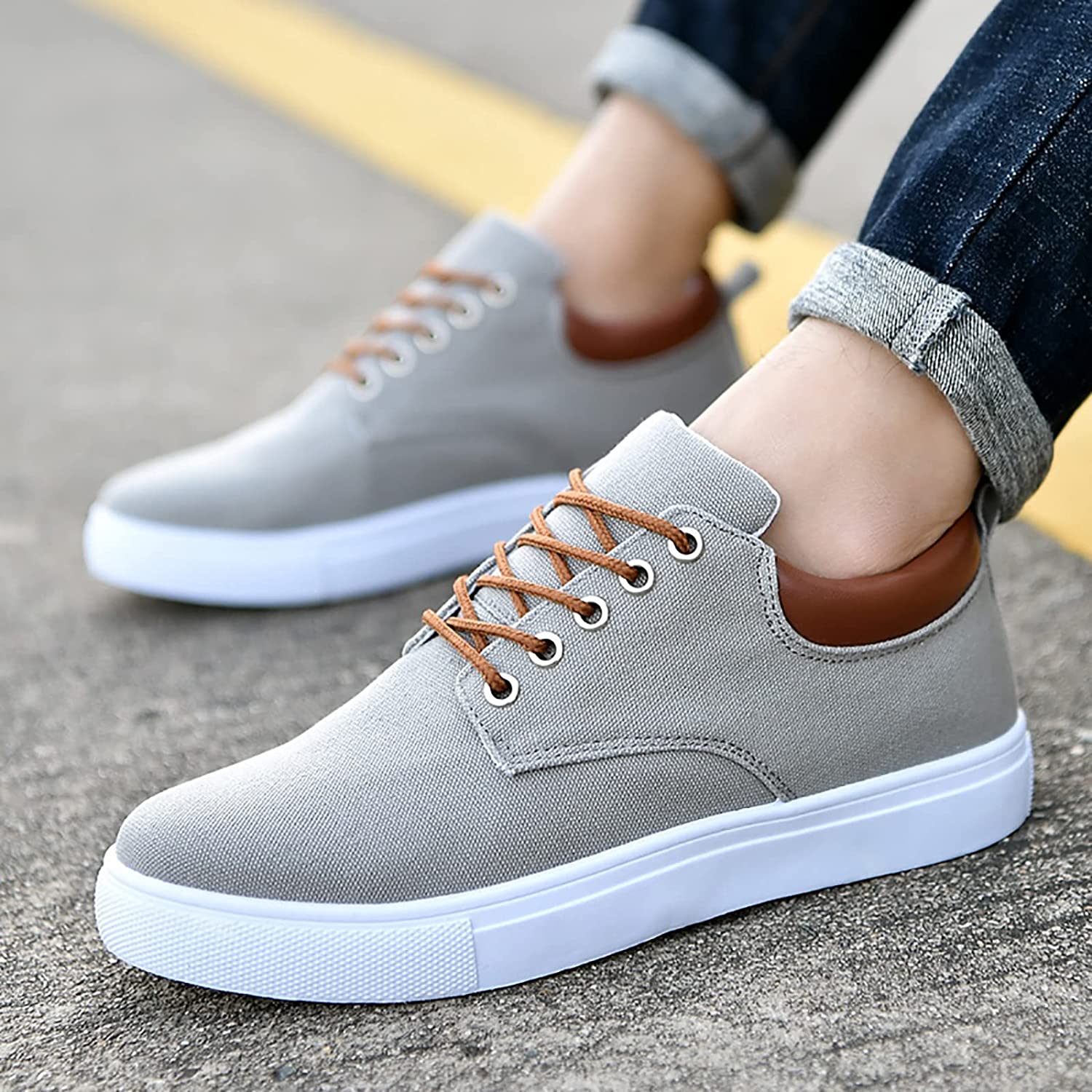 Men's Lace-Up Canvas Trainers - Low-Top Flat Sole with Contrast Heel Tab