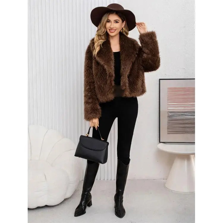 Faux Fur Effect Long Sleeve Short Wool Coat - Sofia Maris