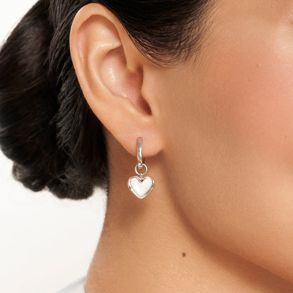 White Quartz Heart Huggie Abbott Earrings (Silver)