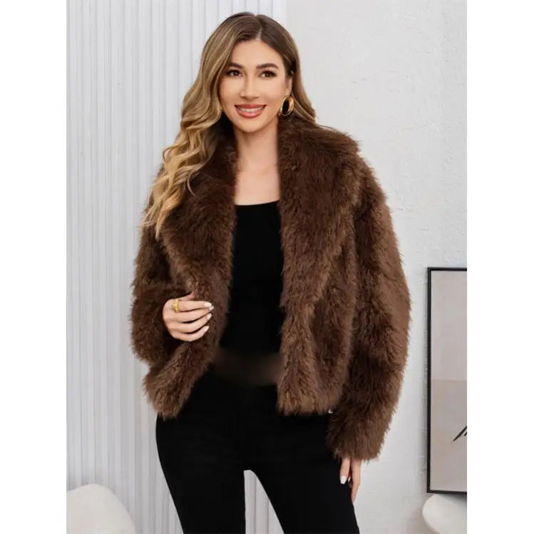Faux Fur Effect Long Sleeve Short Wool Coat - Sofia Maris