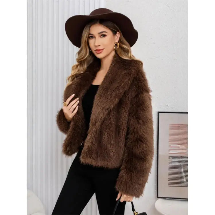 Faux Fur Effect Long Sleeve Short Wool Coat - Sofia Maris