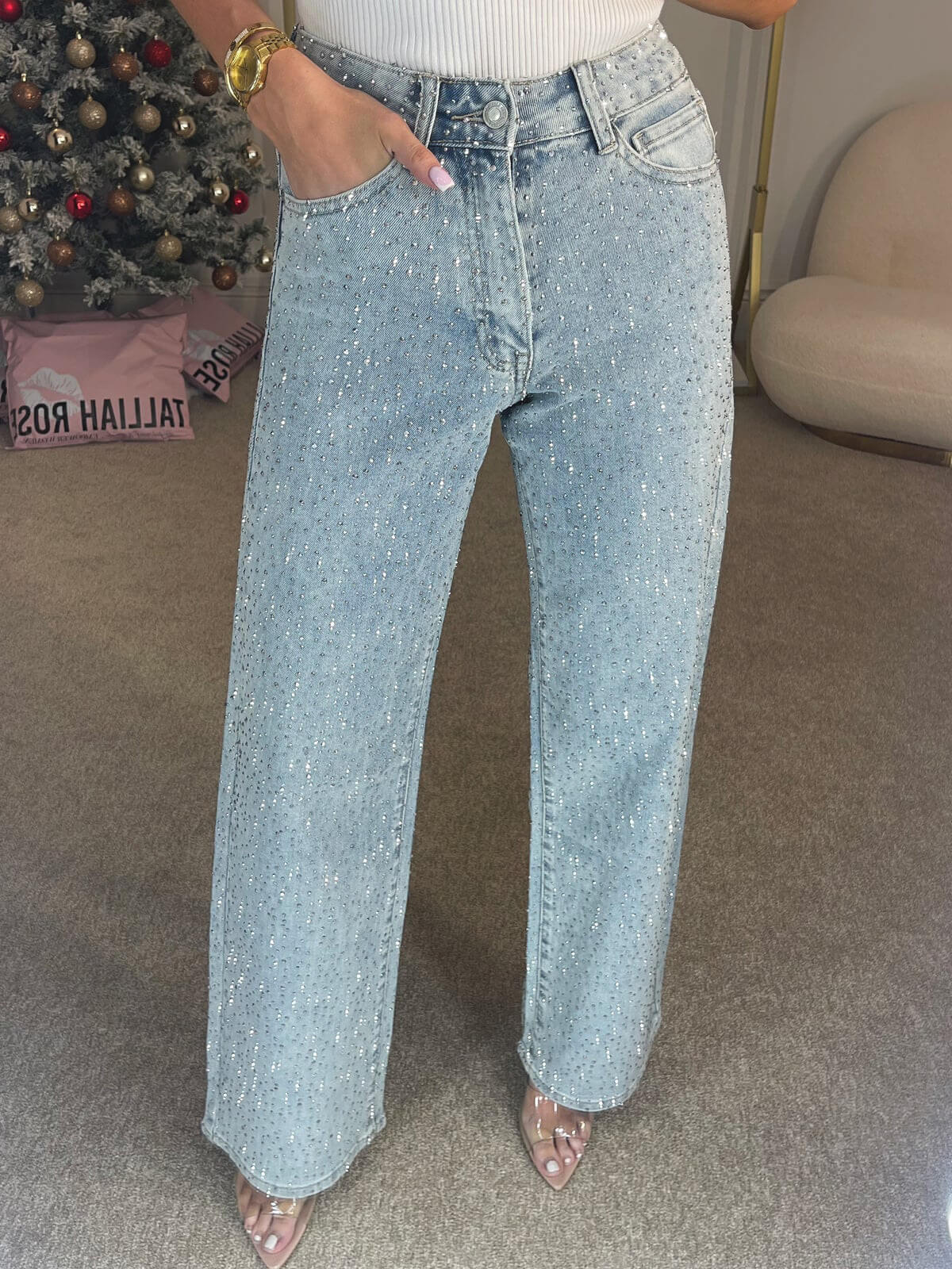 Sofia Maris High Waist Diamanté Straight Jeans