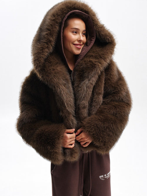 Aurora Faux Fur Hooded Jacket – Dark Brown