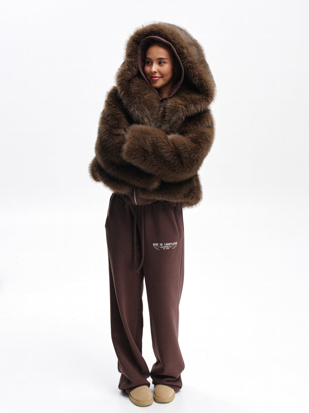 Aurora Faux Fur Hooded Jacket – Dark Brown