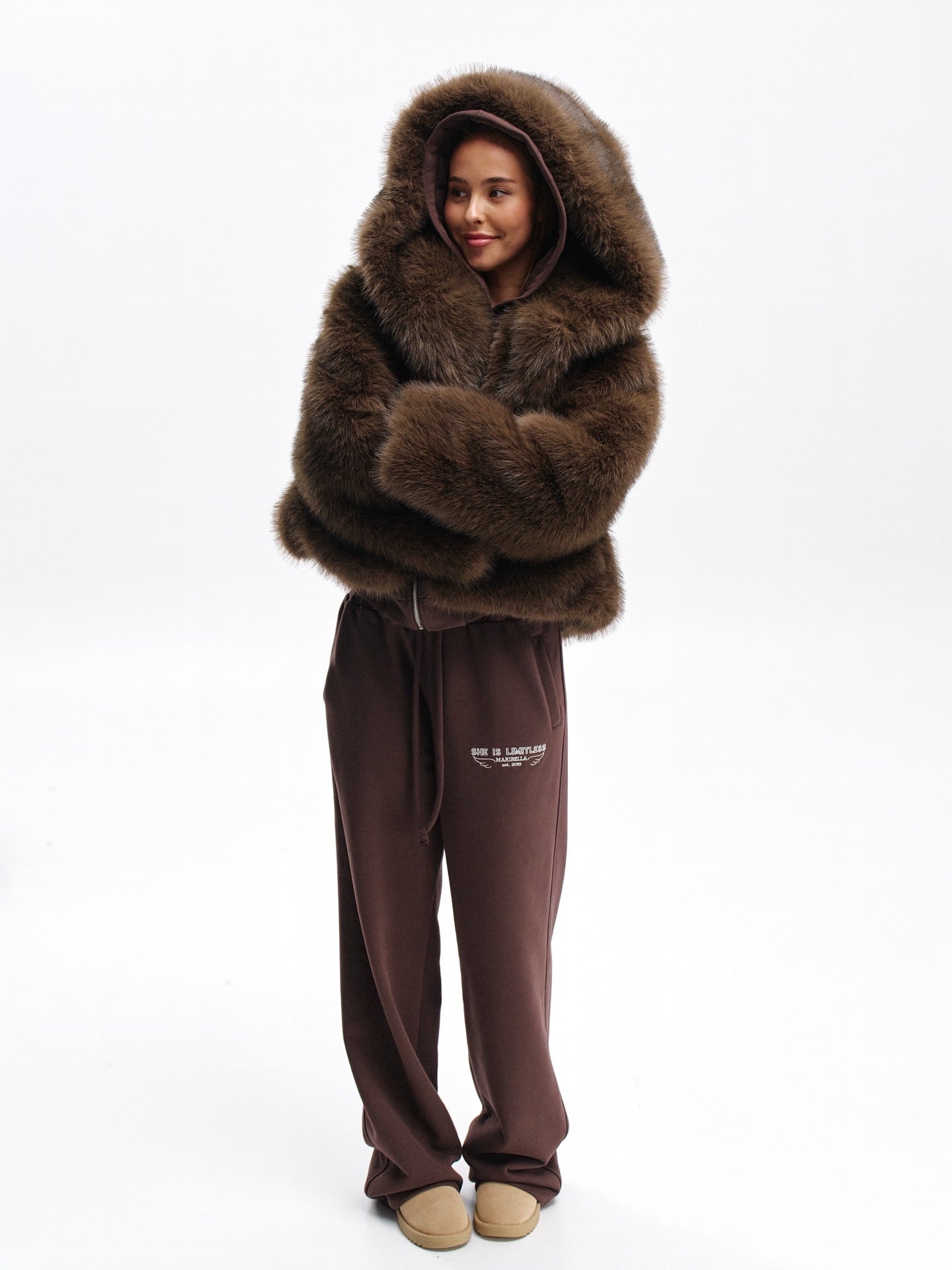 Aurora Faux Fur Hooded Jacket – Dark Brown