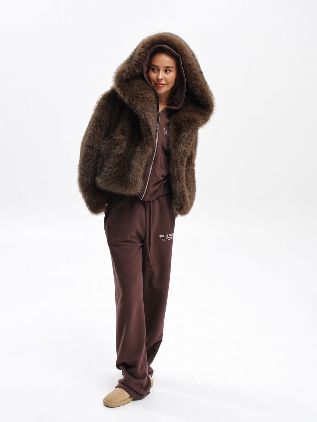 Aurora Faux Fur Hooded Jacket – Dark Brown