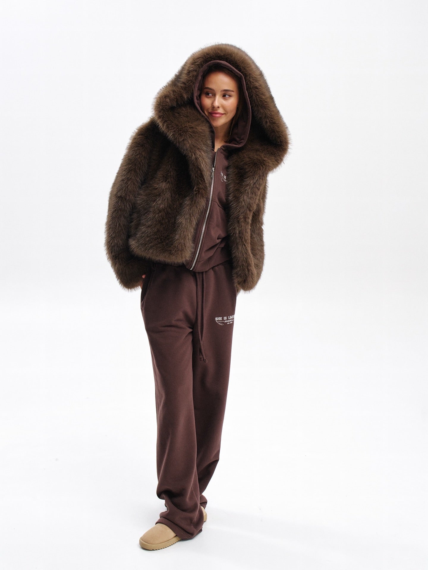 Aurora Faux Fur Hooded Jacket – Dark Brown