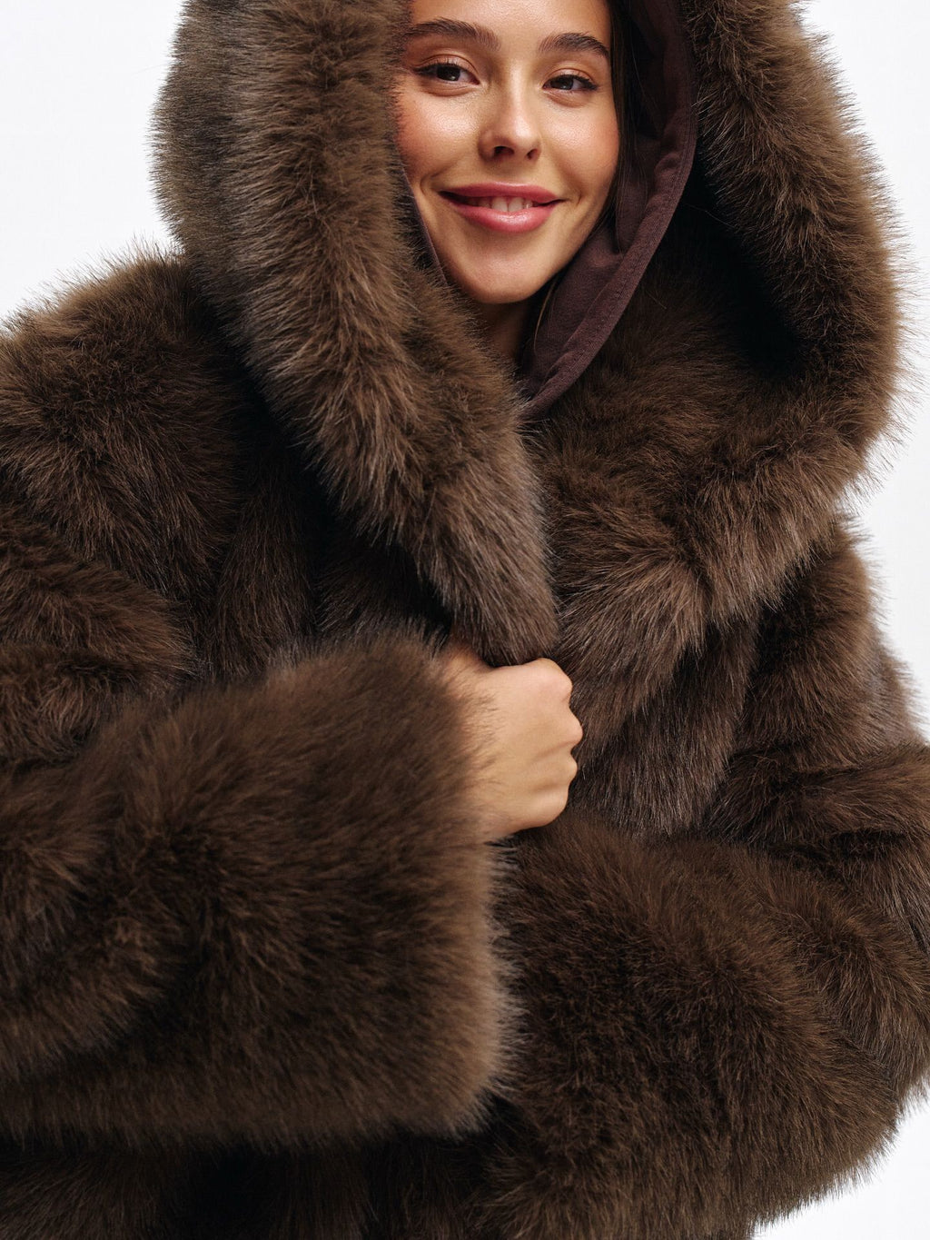 Aurora Faux Fur Hooded Jacket – Dark Brown
