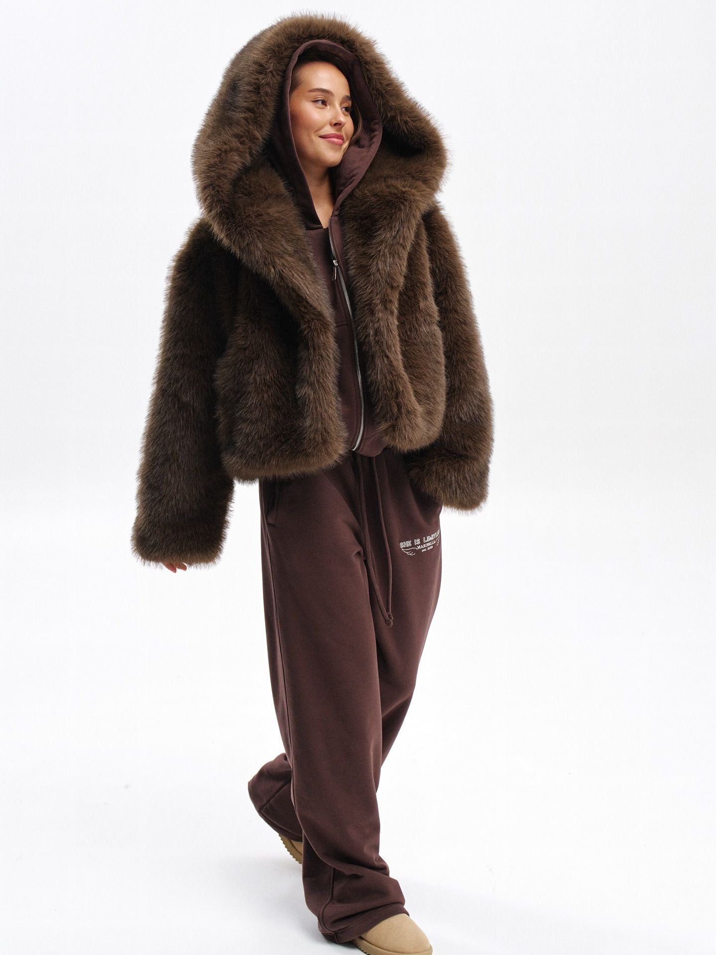 Aurora Faux Fur Hooded Jacket – Dark Brown