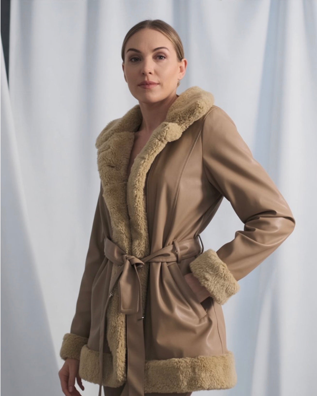 Women Fashion Tie Belt Waist Faux Fur Coat - Sofia Maris