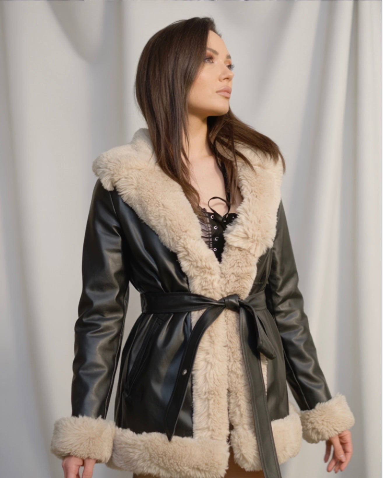 Women Fashion Tie Belt Waist Faux Fur Coat - Sofia Maris