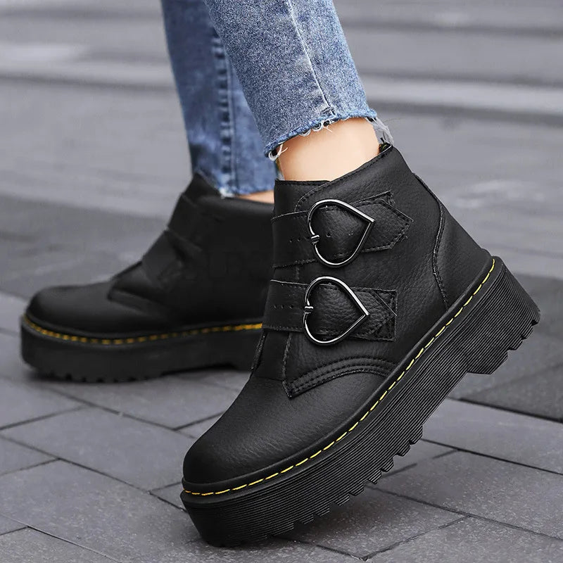 Women's Ankle Boots with Heart-Shaped Buckles – Comfortable & Stylish