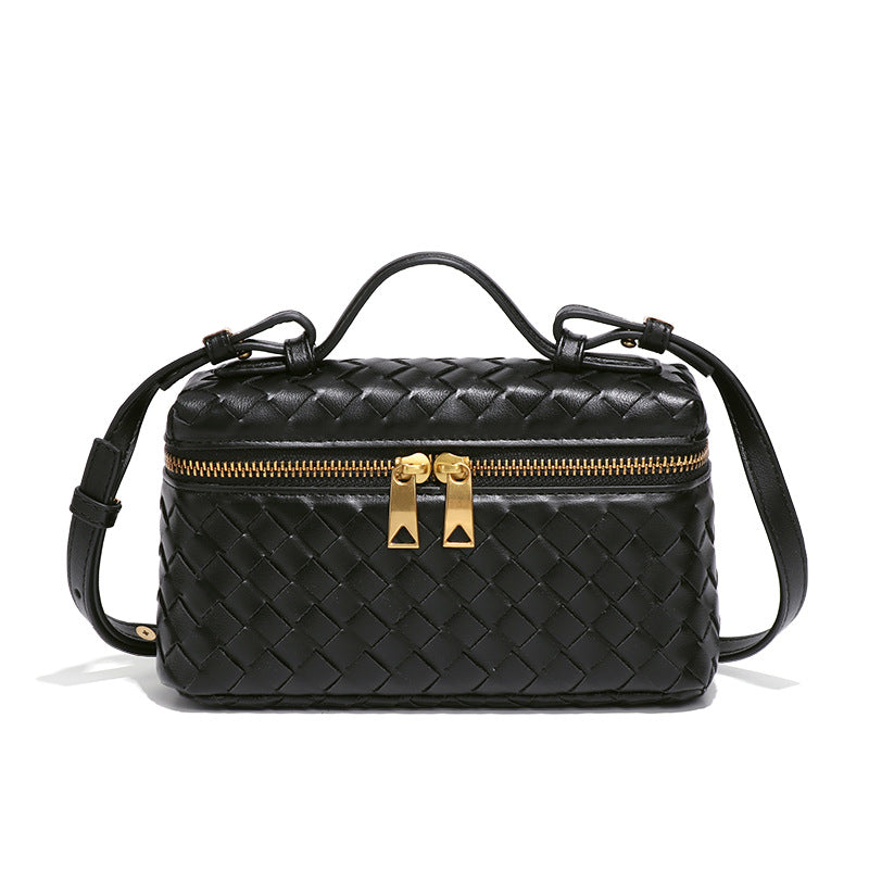 Women's Woven Box Handbag with Top Handle and Gold Zip Detailing - Sofia Maris