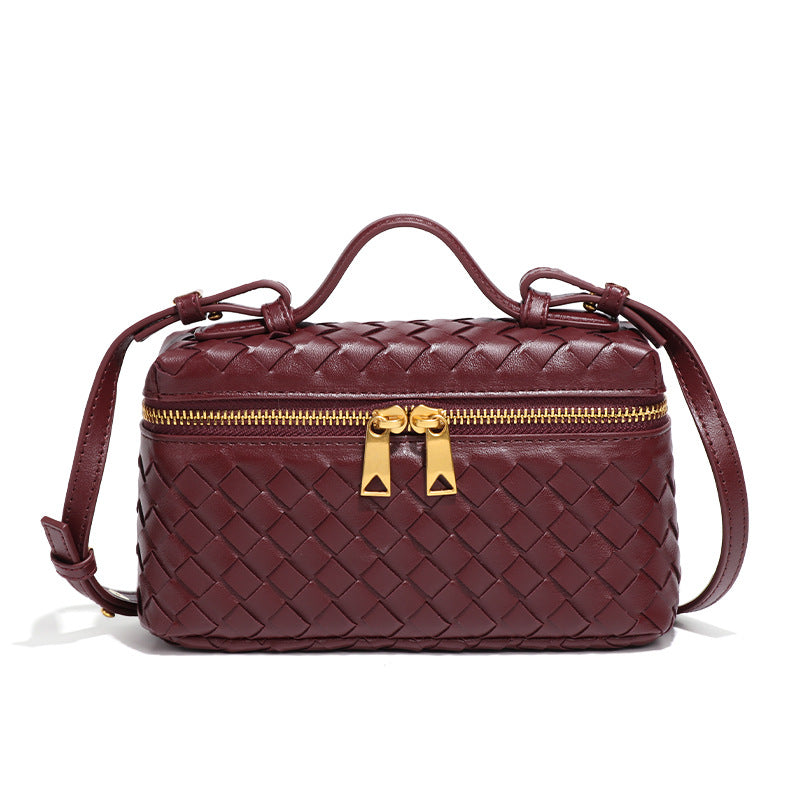 Women's Woven Box Handbag with Top Handle and Gold Zip Detailing - Sofia Maris