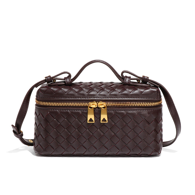 Women's Woven Box Handbag with Top Handle and Gold Zip Detailing - Sofia Maris