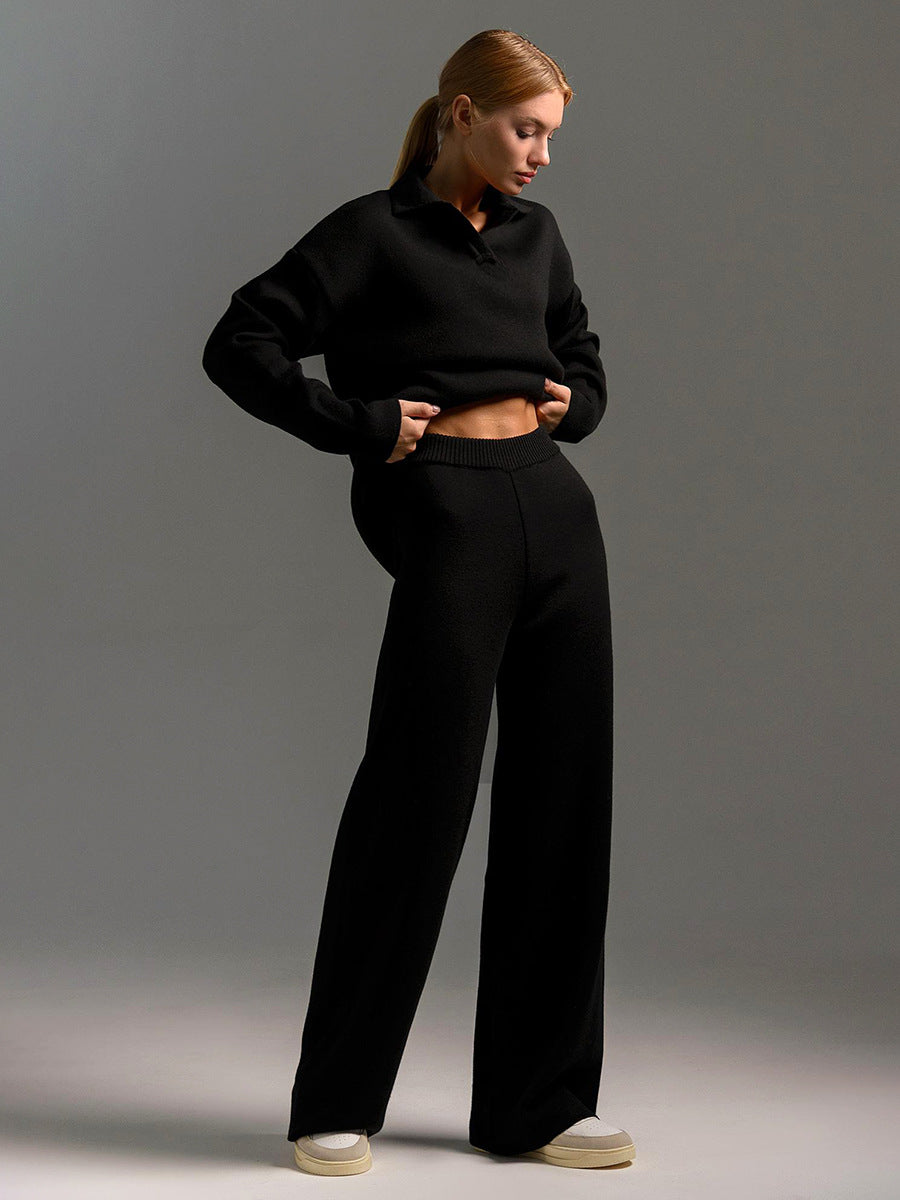Women's Loungewear Set - Polo Neck Jumper & Wide Leg Trousers - Sofia Maris