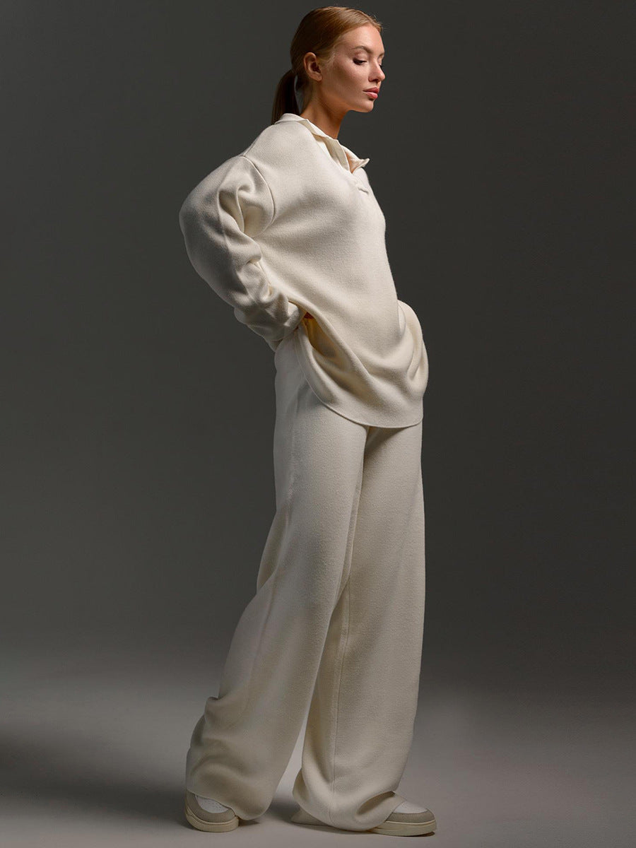 Women's Loungewear Set - Polo Neck Jumper & Wide Leg Trousers - Sofia Maris
