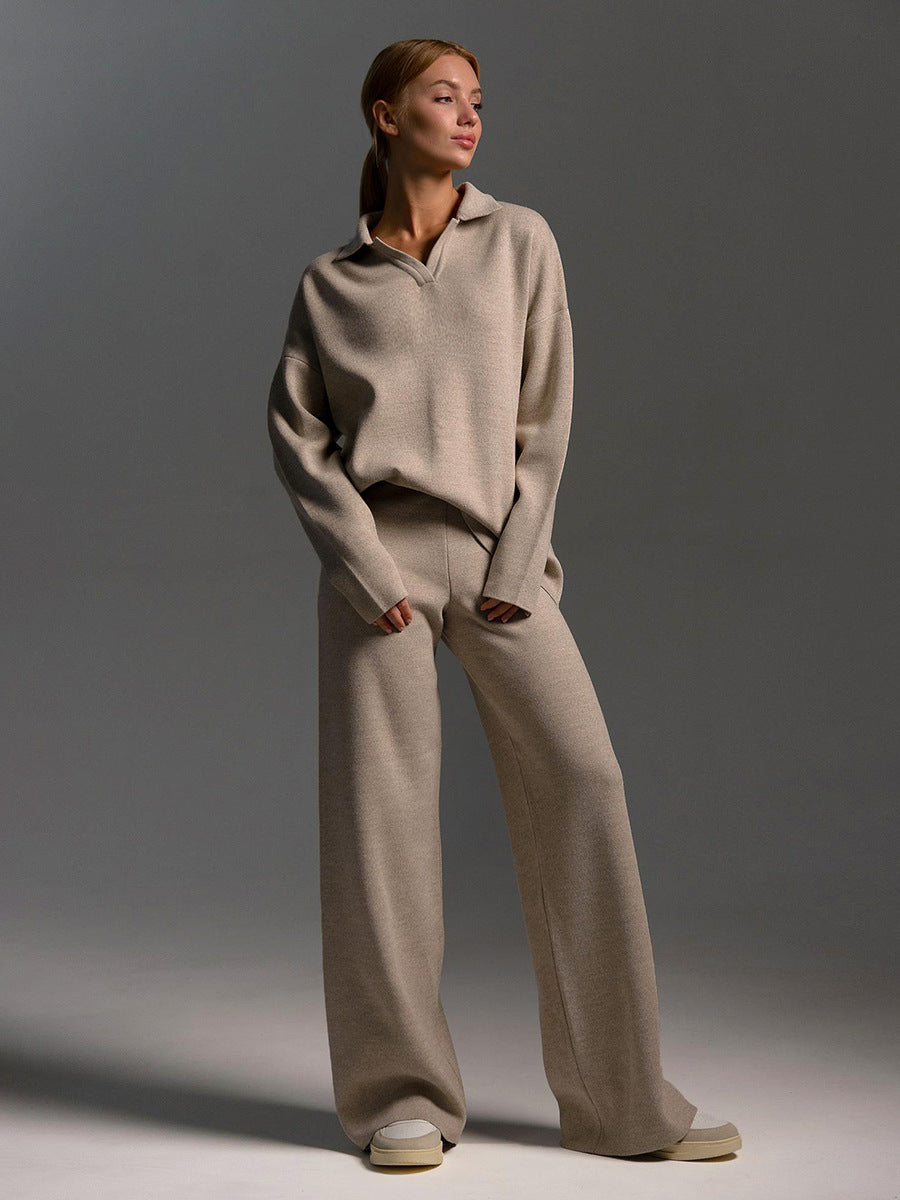 Women's Loungewear Set - Polo Neck Jumper & Wide Leg Trousers - Sofia Maris