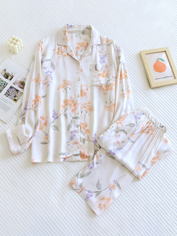 Women's Pyjama Set - Floral Pattern with Classic Collar