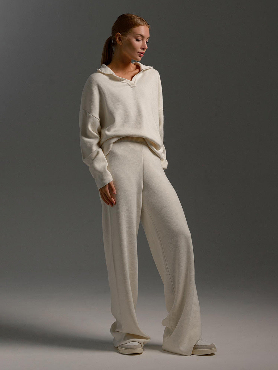 Women's Loungewear Set - Polo Neck Jumper & Wide Leg Trousers - Sofia Maris