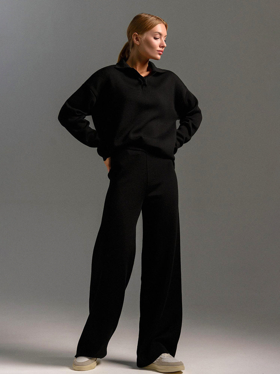 Women's Loungewear Set - Polo Neck Jumper & Wide Leg Trousers - Sofia Maris