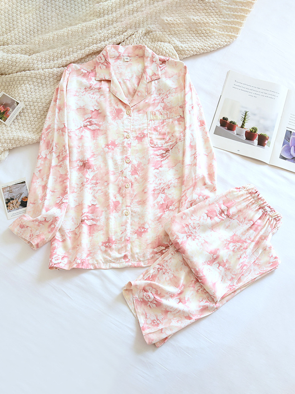 Women's Pyjama Set - Floral Pattern with Classic Collar