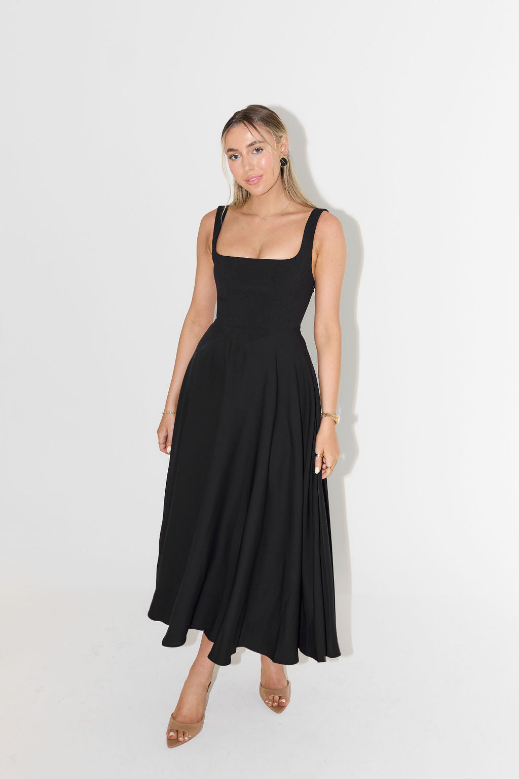 Women's Sleeveless Square Neck Midi Dress with A-Line Silhouette - Sofia Maris