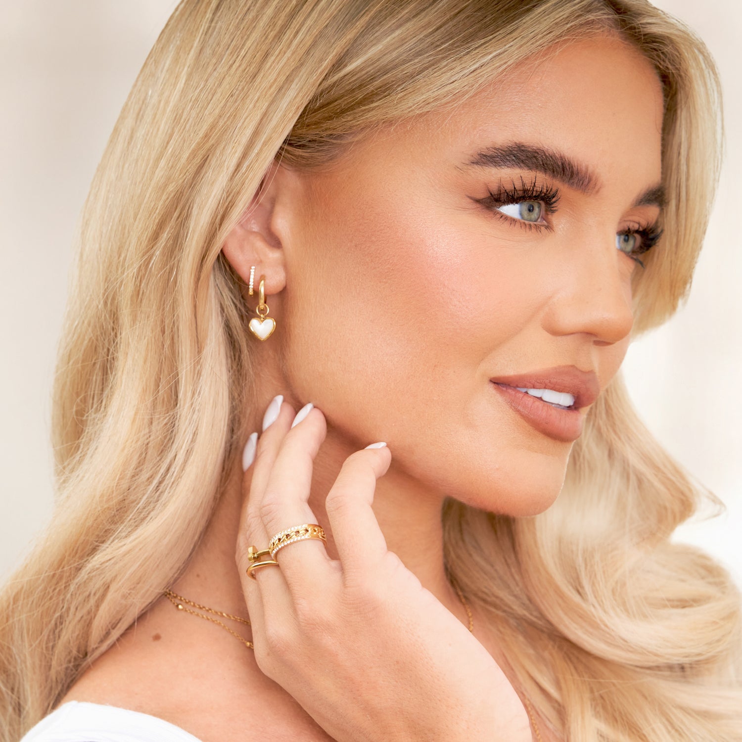 White Quartz Heart Huggie Abbott Earrings (Gold)