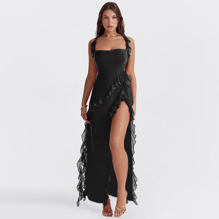 Women's Elegant Ruffle Maxi Dress with Thigh Split - Sofia Maris
