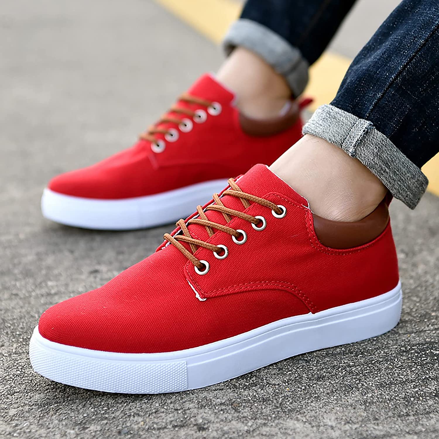 Men's Lace-Up Canvas Trainers - Low-Top Flat Sole with Contrast Heel Tab