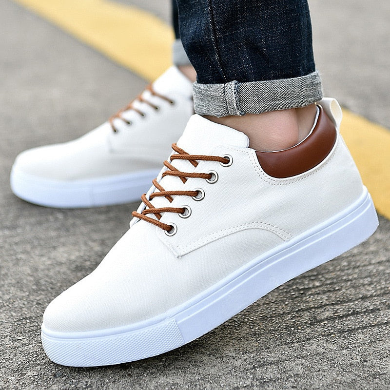 Men's Lace-Up Canvas Trainers - Low-Top Flat Sole with Contrast Heel Tab
