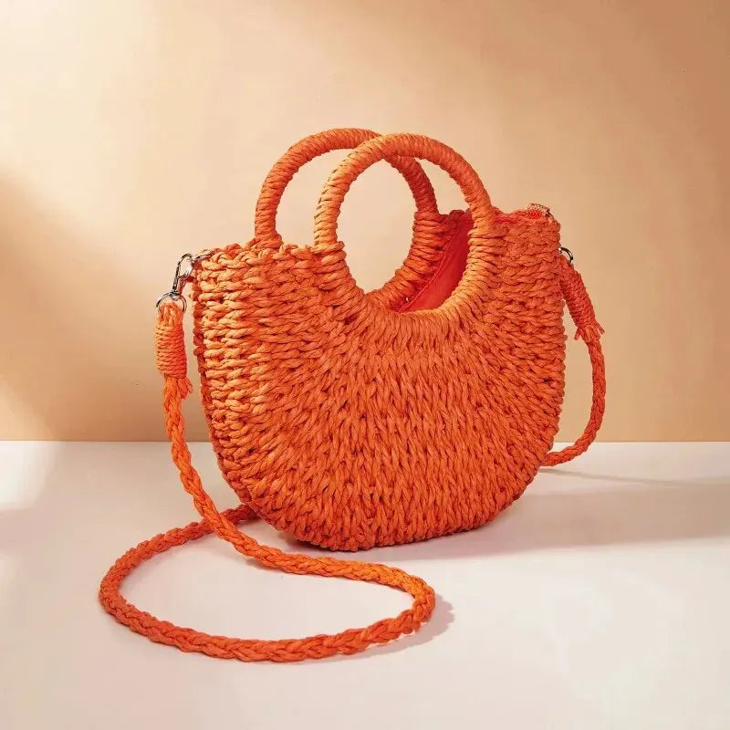 Women's Straw Crossbody Bag with Half-Moon Shape and Top Handles - Sofia Maris