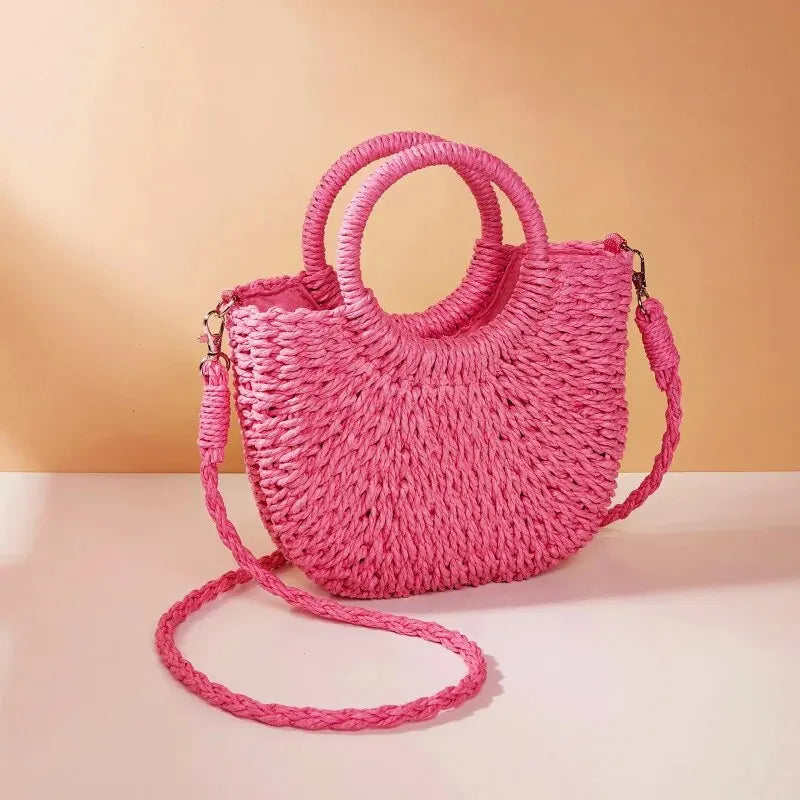 Women's Straw Crossbody Bag with Half-Moon Shape and Top Handles - Sofia Maris