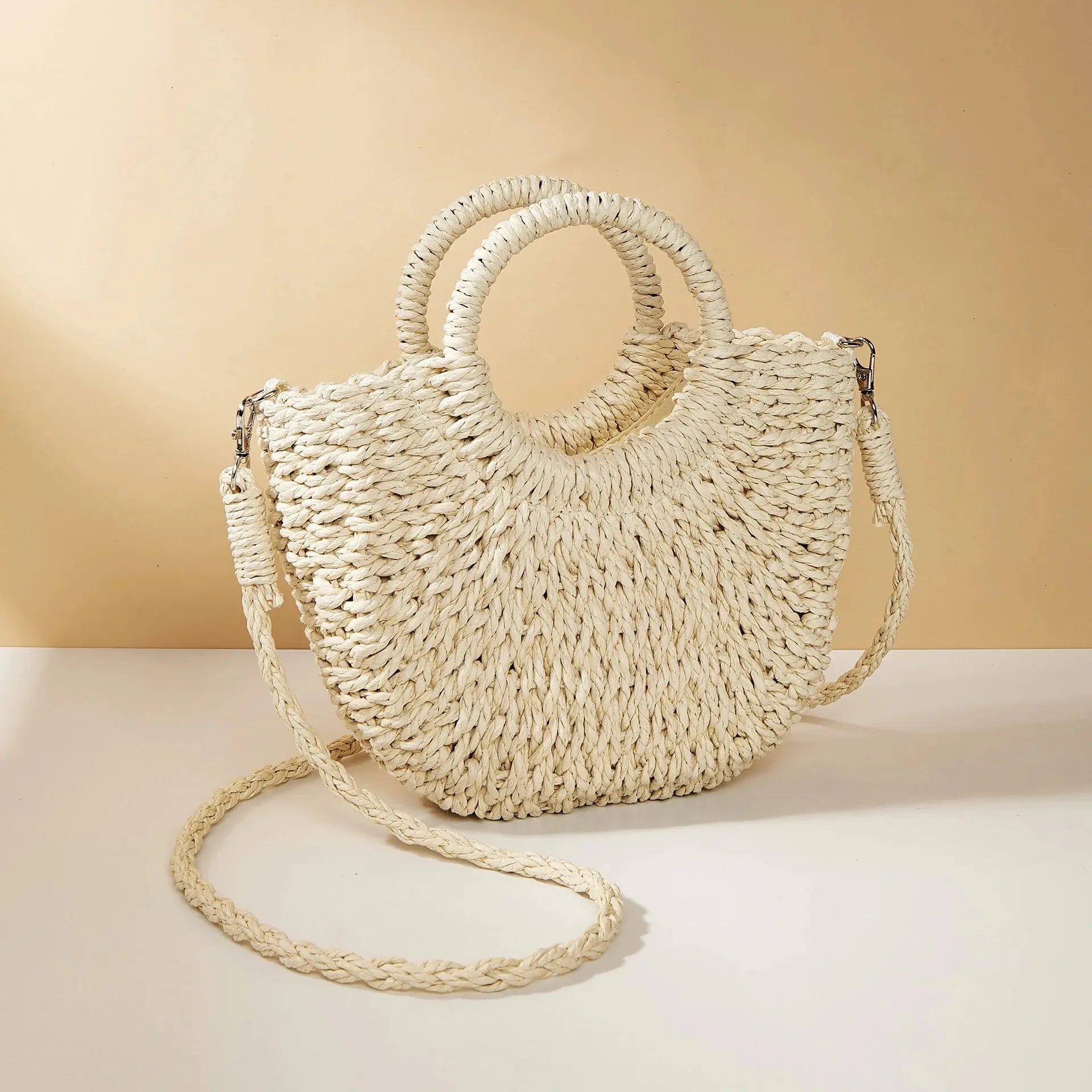 Women's Straw Crossbody Bag with Half-Moon Shape and Top Handles - Sofia Maris