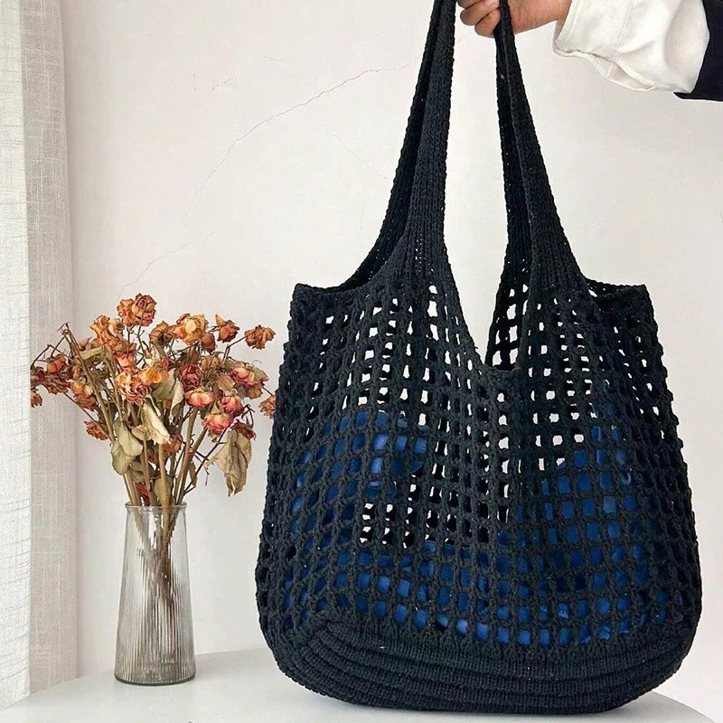 Women's Crochet Tote Bag with Hollow Knit and Large Capacity - Sofia Maris