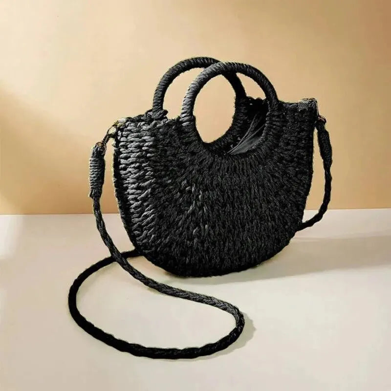 Women's Straw Crossbody Bag with Half-Moon Shape and Top Handles - Sofia Maris