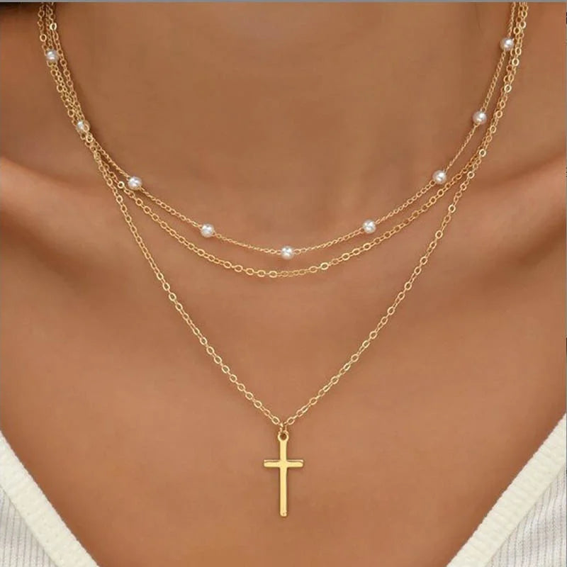 Lily | 3-Layer Gold & Silver Necklace Set with Heart or Cross Pendant