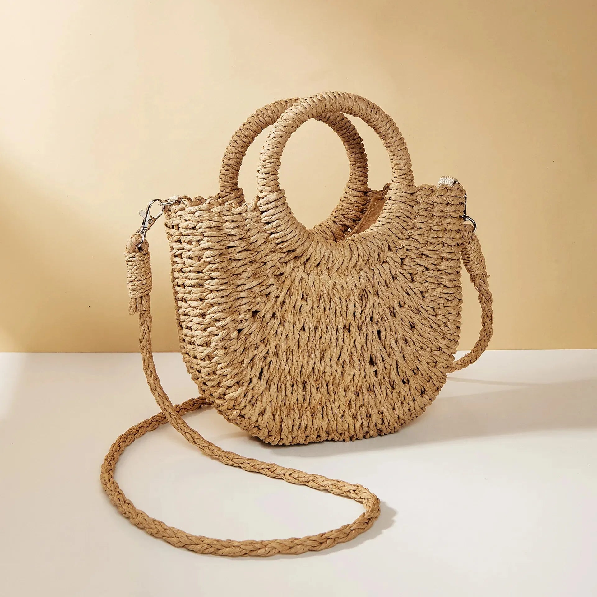 Women's Straw Crossbody Bag with Half-Moon Shape and Top Handles - Sofia Maris