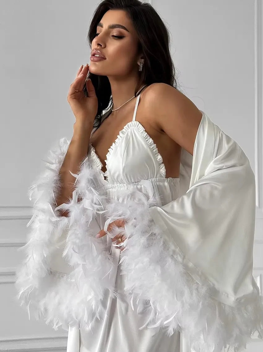Women's Wedding Dressing Gown with Feather Trim Sleeves and Belted Waist - Sofia Maris