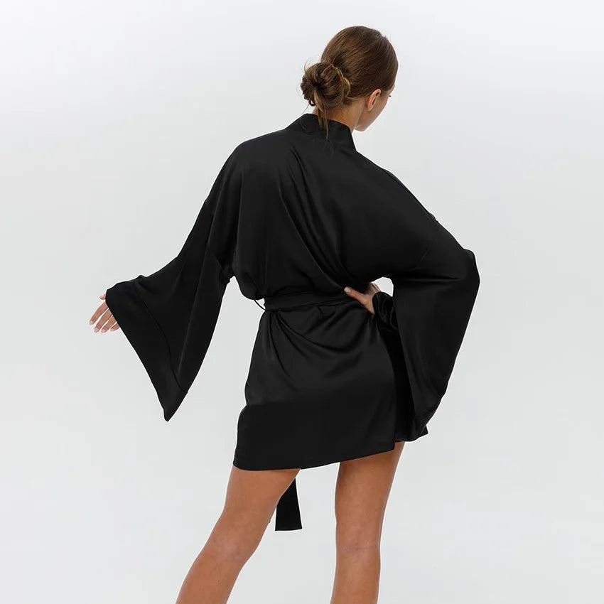 Women's Short Kimono Dressing Gown with Belted Waist and Wide Sleeves - Sofia Maris