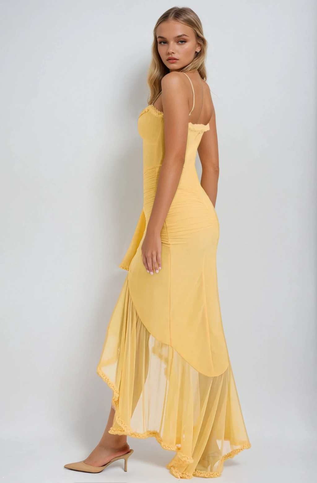 Women's Ruffle Maxi Dress with Spaghetti Straps and Ruched Waist - Sofia Maris