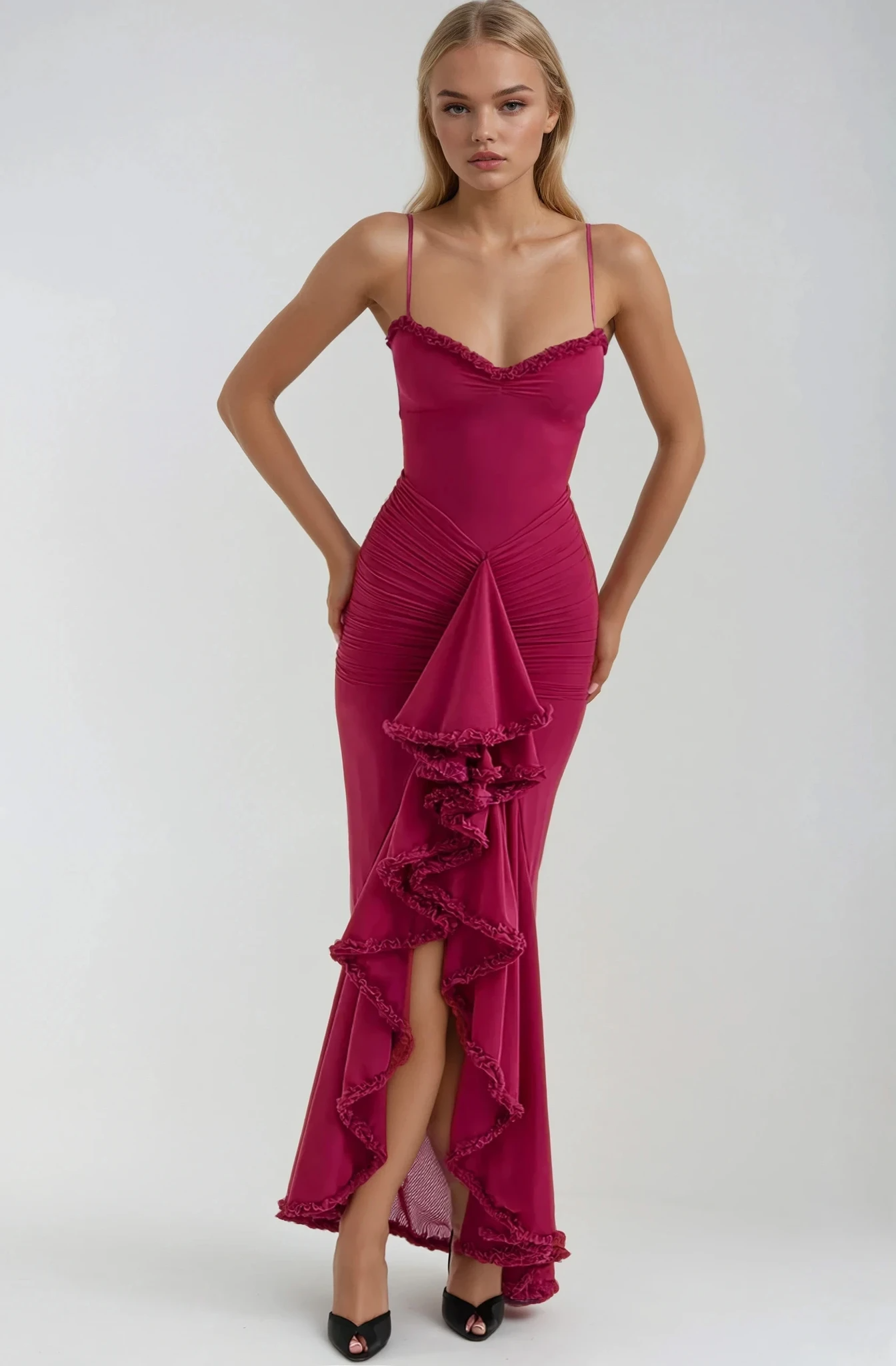 Women's Ruffle Maxi Dress with Spaghetti Straps and Ruched Waist - Sofia Maris